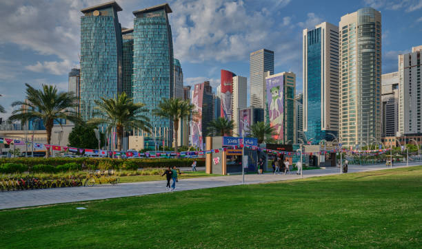 Doha skyline in the west bay area Doha, Qatar afternoon  shot taken from the Hotel park with  clouds in sky in background